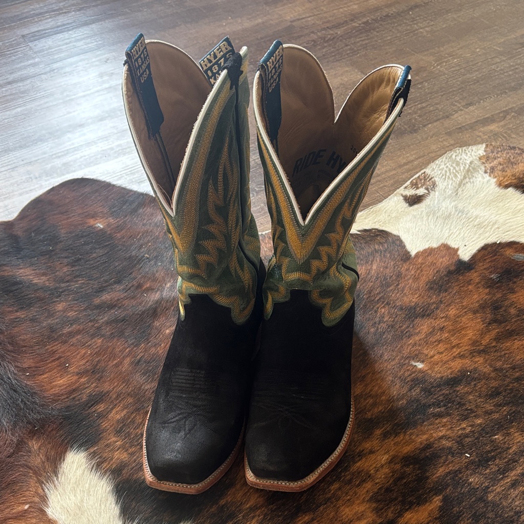 Hyer Men's Black Roughout Western Cowboy Boots With Green Shaft